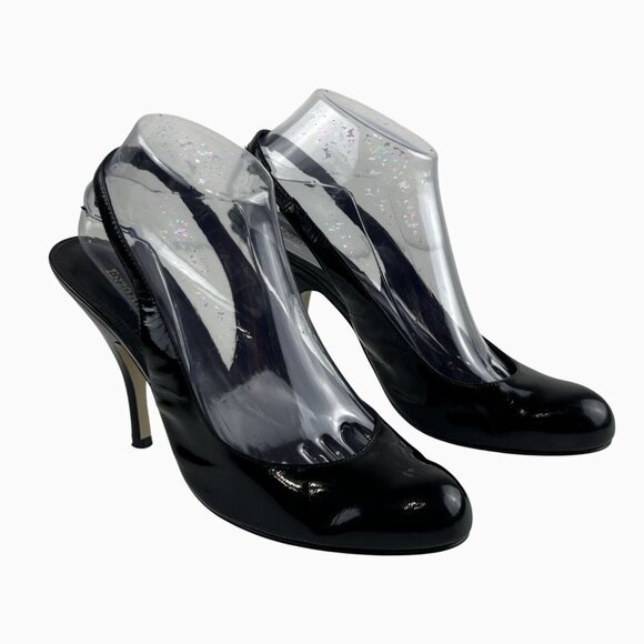 Enzo Angiolini Black Patent Leather Preppy Classic Chic Slingback Stilettos 7.5M - Picture 1 of 15